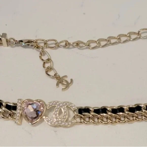 CHANEL I Love CC pearl logo Pink Heart leather woven chain Choker Necklace - Picture 7 of 15